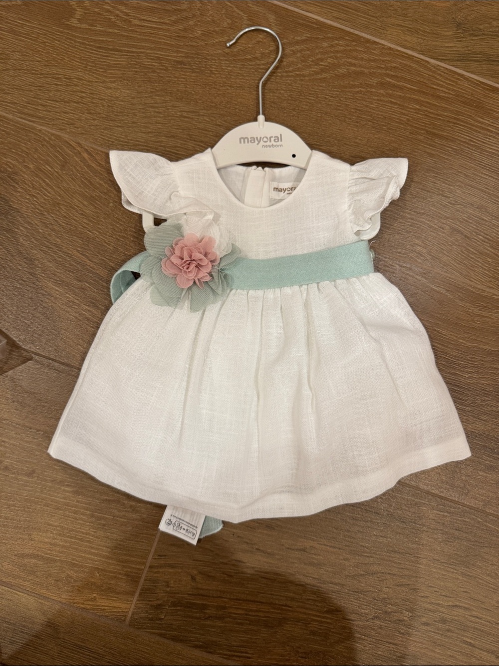 Mayoral White Dress with Mint Waistband and Pink Floral Accent